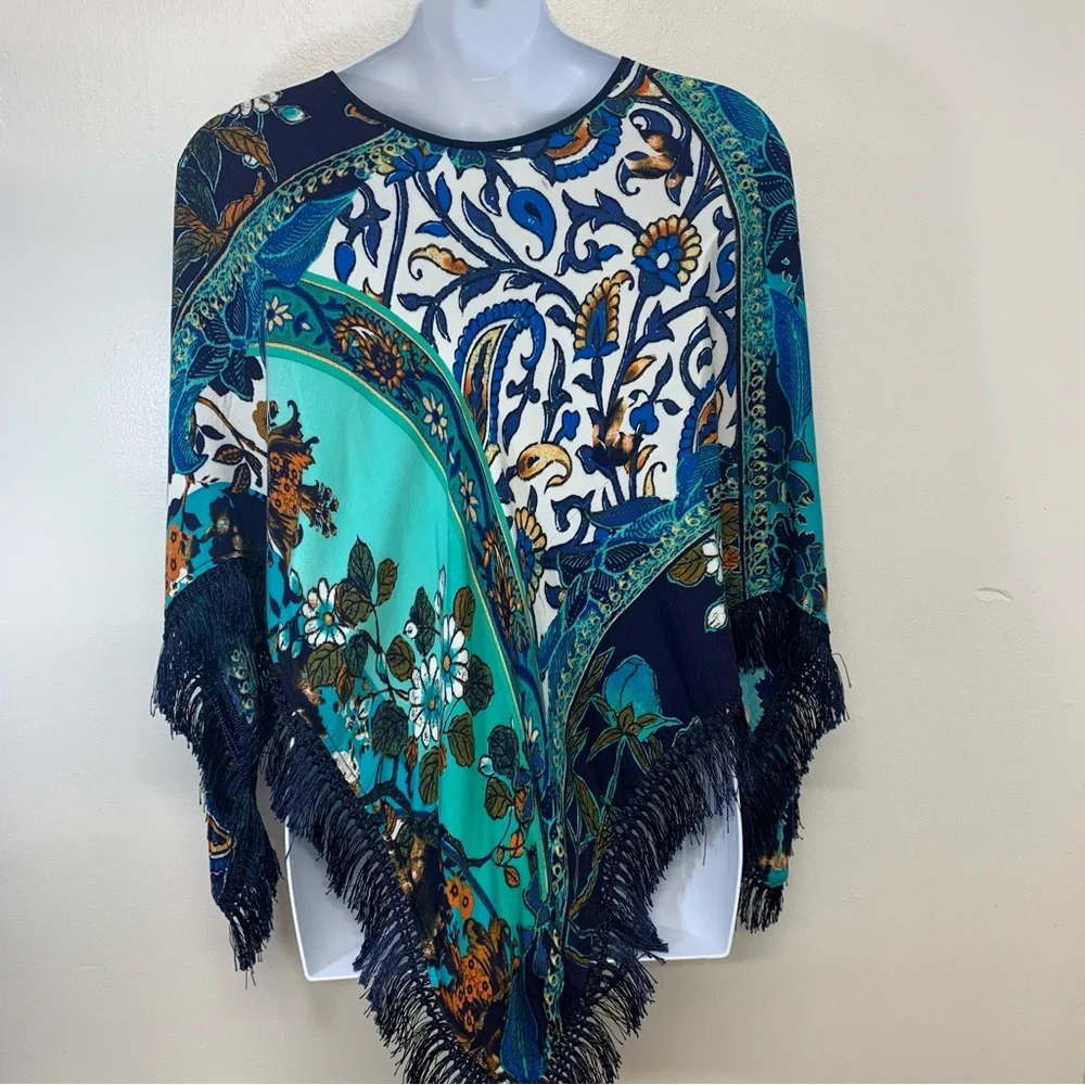 Chicos Fringe Poncho Top‎ OS  Blue Floral Lightweight Boho Fairy Tropical Travel - Picture 4 of 8